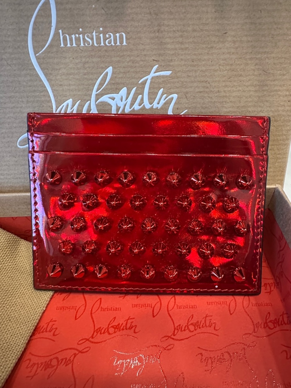 NEW Christian Louboutin Red Patent Studded Cardholder